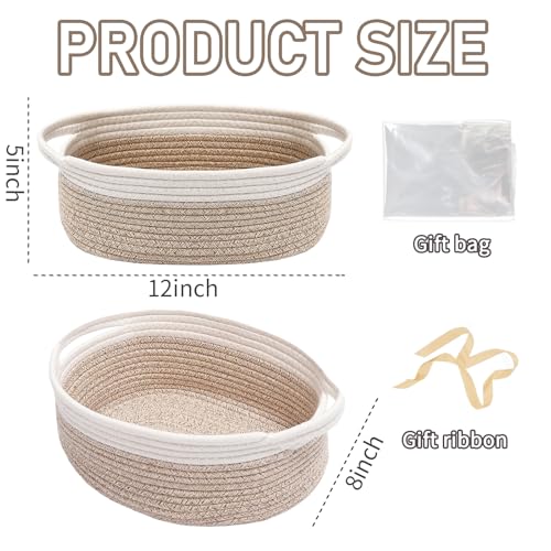Image of JMvicyroam Small Woven Basket, Empty Gift Basket, White&Oatmeal /2 Pack | Small Gift Basket, Cotton Rope, 12 x 8 x 73 in, Handles, Includes Ribbon and Bag, Birthday Gift Basket
