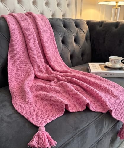 Image of Furnistitchs Plain Solid Knitted Sofa Throw Blanket 50x60 inches / 125x150 cms| Cotton Plain Knit with Tassels | Aesthetic Bohemian Decorative Couch Throws for Living Room & Bedroom (Pink)