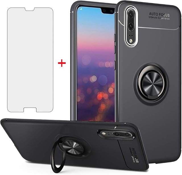 Phone Case for Huawei P20 Pro with Tempered Glass Screen Protector Cover Magnetic Stand Ring Holder Accessories Shockproof Full Body Silicone Huwai Hawaii Hwauei Haweii P 20Pro 20 P20pro Women Black