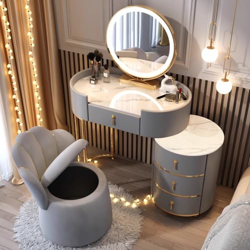 Mesa de tocador de maquillaje de madera maciza con moderna parte superior de mármol sinterizado, espejo táctil HD giratorio/desmontable (3 colores claros), juego de maquillaje con taburete (gris, 80