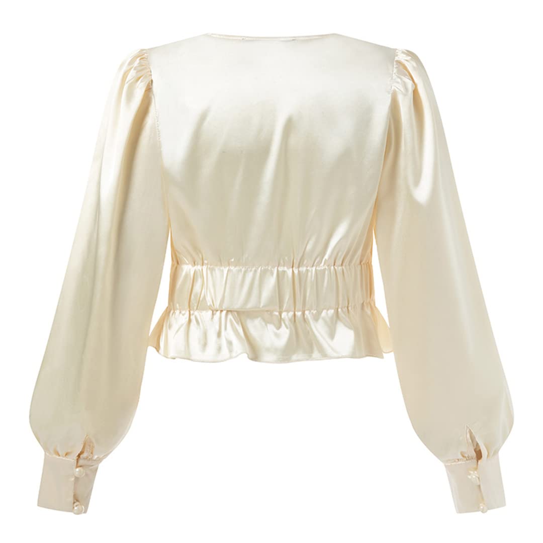 Femmes Soie Satin à Volants Chemise été bouffée à Manches Longues col en V Tuniques décontracté Ample plissé Blouses Black L
