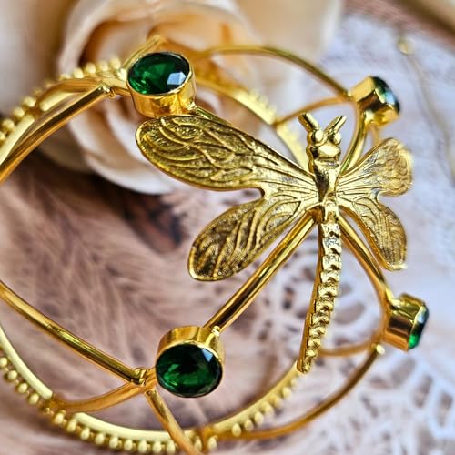 Image of Hair Bun Cage Accessory for Women | Handcrafted Brass Juda Cover with Stick | Anti-Tarnish Traditional Hair Accessory for Wedding & Festive (Dragonfly Green Crystal Hair Bun (Golden))
