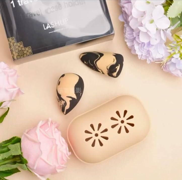 Image of Lashup Makeup Sponge Set with Travel Case Holder, Marble Pattern Beauty Blender, 2 Sponges and 1 Holder