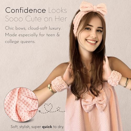 Happy Lolli Power Shower Gift Set – College Essential Bath Accessories for Women and Teen Girls – Includes Body Towel, Hair Towel, Wrist Bands, Headband, Face Sponge and More (Fresh in Pink) - Image 4