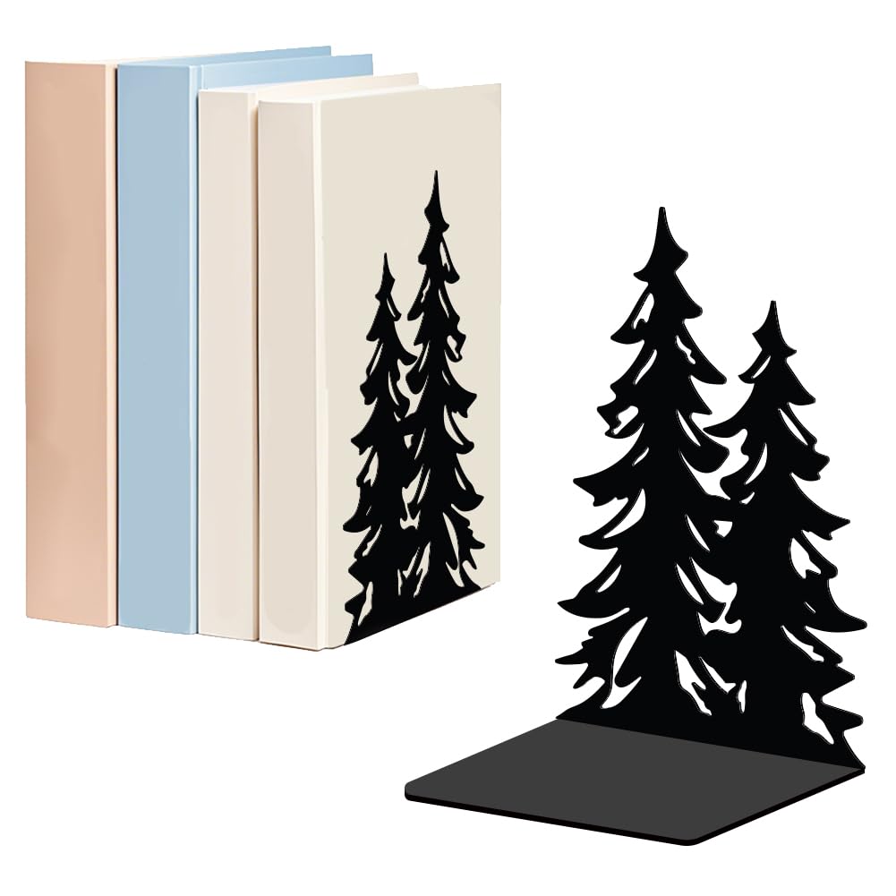 WADORN 1 Pair Pine Tree Metal Decorative Bookends, Pine Tree Heavy Duty Book Ends Black Non-Skid Book Holder Stopper for Home Office School Library Dorm Back to School Gift, 5.3x4.3x7.9 Inches