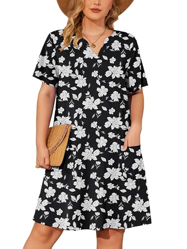 Image of AusLook Plus Size Midi Dress for Women V Neck Short Sleeve Summer Casual Loose Fit Vacation Sundress with Pockets 1X-5X