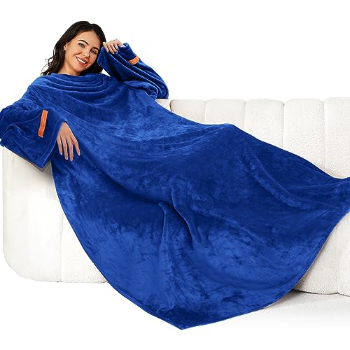 Winthome Blanket with Sleeves Gift for Women Men Adult Soft and Cozy Wearable Blanket with Elastic Cuffs Hook and Loop Fastener (Navy Blue 140x180cm)
