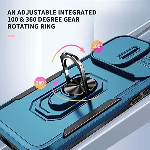 Image of Polycarbonate Back Cover Case Compatible for Apple iPhone 14 Pro Max with Slide Camera Cover & Rotated Ring Stand | Military Grade Mobile Phone Cover Case for Apple iPhone 14 Pro Max (Blue)