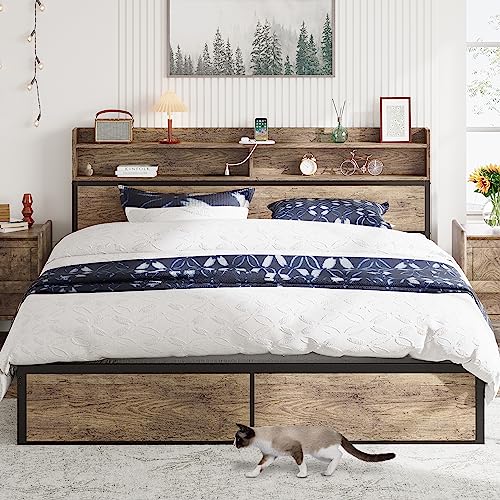 IRONCK Queen Bed Frame with Bookcase Headboard and Charging Station, Metal Platform Bed, Sturdy and No Noise, No Box Spring Needed, Rustic Maple