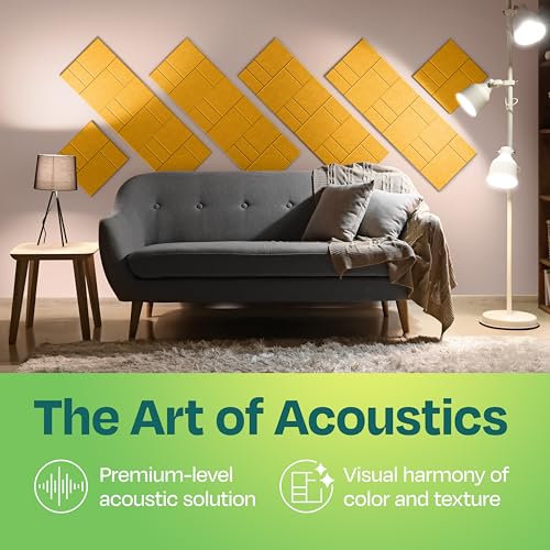 Image of Acoustic Panels 12-Pack Soundproof Wall Panels 12 inchx12 inchx0.4 inch Decorative Sound Dampening for Your Home, Office, Studio, Bedroom & More with Unique GridFrame Carving [Yellow Orange Gold]