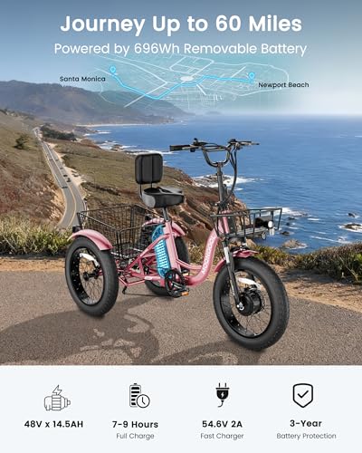 Image of MOONCOOL Electric Tricycle for Adults, 20 inch x 4 inch Fat Tire Electric Trike, 48V 500W Motorized Electric Bicycle Bikes, 3 Wheels 7 Speed Ebike with Removable Battery, Aluminum Frame & Large Basket