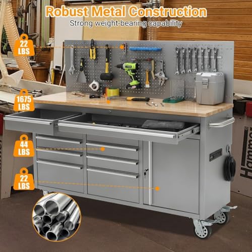 Image of PeakPursuit 61 inch Rolling Tool Chest with 10 Drawers, Workbench Cabinet with Power Strip, Solid Rubber Wood Top, Pegboard, 1675 LBS Load, Mobile Heavy Duty Garage Storage, Locking Wheels, Silver