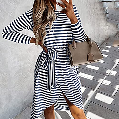Briskorry Casual jurk met ronde hals voor dames, gestreept, casual, zomerjurk, onregelmatige zoom, lange mouwen, knielange mini-jurk, herfst, vrijetijdsjurk - Image 5