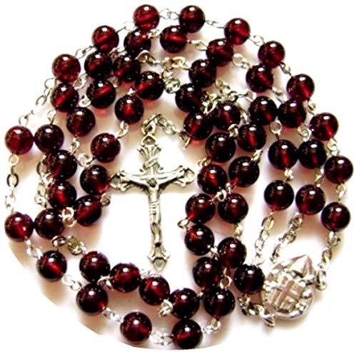 elegantmedical HANDMADE Garnet Gemstone Bead Catholic Sterling 925 Silver 5 DECADE ROSARY Cross Crucifix Necklace Womens