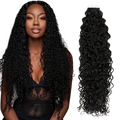 LaaVoo Wavy Tape in Hair Extensions Human Hair Black Women Natural Black Hair Extensions Tape in Curly Hair Seamless Glue in Black Extensions Double Side 50g 20Pcs 20"
