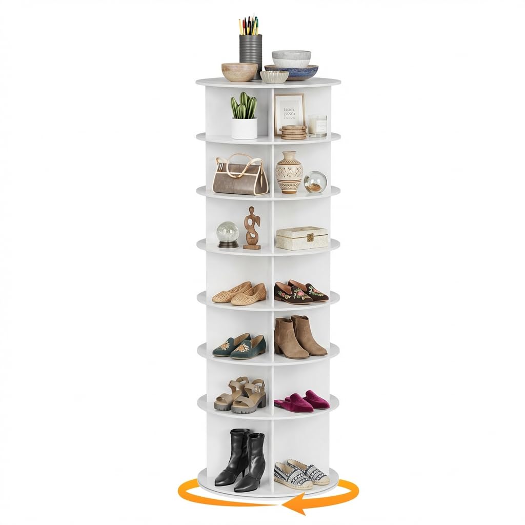 Zapatero giratorio, 7 pisos, giratorio, independiente, torre, giratorio 360°, diseño de base alta, torre de zapatos, organizador de zapatos multifunción, color blanco