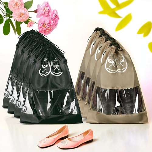 Image of Heart Home Pack of 8 Travel Shoe Organizer | Storage Bags | Travel Carrying Bag | Storage Organizers Set | Shoe Cover with Transparent Window | Shoe Dori Cover | Brown & Black