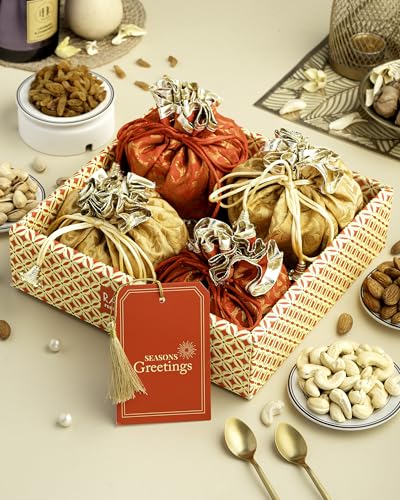 Image of Hyperfoods Dry Fruits Gift Box Rawfruit's Handcrafted Potli Dry Fruits Combo Pack 495 Grams Dry Fruit Gift Hamper Dry Fruit Gift Pack of 4 Almond Cashew Raisins Pistachios Gift Hamper