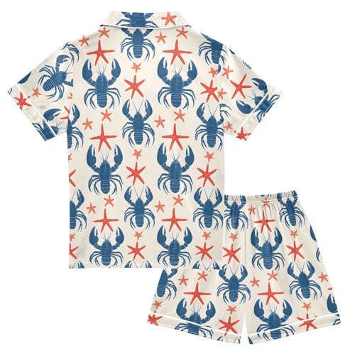 ALAZA Retro Lobster Starfish Blue Red Satin Pajamas Set Short Sleeve Button Down Sleepwear Summer Pjs 2 Piece2