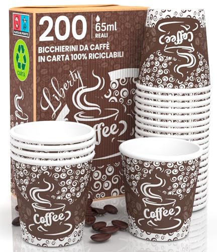 Eurocali 200 Bicchierini per Caffè in Carta 65ml Coffee Liberty Bicchieri Ecologici Monouso Piccoli Asporto Biodegradabili Bevande Calde