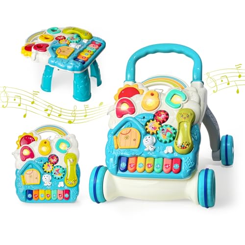 Sit to Stand Baby Walker, Activity Center with Music and Light, Activity Table for Toddlers, Push Toys for Babies Learning to Walk, Early Education Toys for Infant Boys Girls 6 Months Up (Blue)