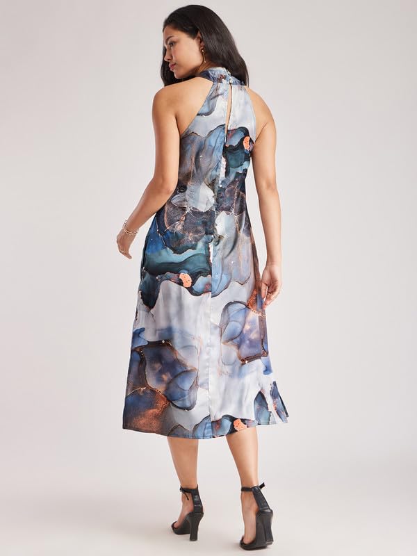 Image of FableStreet Women's Satin Floarl Print Halter Neck Dress | Perfect for Outings and Brunch