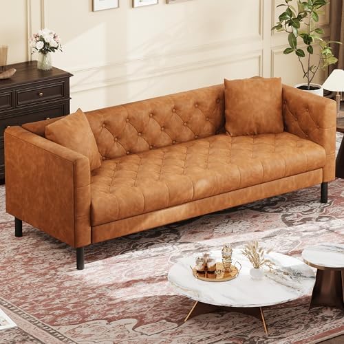 GAOMON 81" Mid-Century Modern Leather Sofa for Living Room, Chesterfield Sofa with Deep Seats and 2 Pillows, 3 Seater Couch with Button Tufted, Leather Couch for Apartment, Office, Cognac Tan - Thumbnail 4