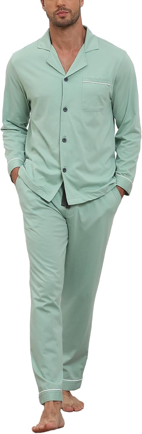 COLORFULLEAF 100% Cotton Men's Pajama Set Long Sleeve Button Down Top & Pants Soft Breathable Loungewear with Pockets