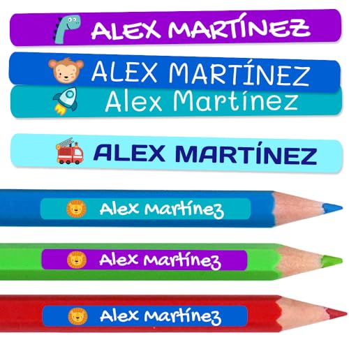 100 Etiquetas Adhesivas Personalizadas para lápices, bolis y rotuladores. Pegatinas escolares con nombre para marcar objetos, resistentes al agua para colegio y guardería, 4,6 x 0,6 cm