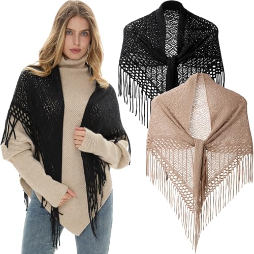 3 Pcs Fringe Shrug Sweaters for Women Shawl Front Warp Cardigan Hollow Out Knitted Shawl Sweaters for Winter, White, Black, Khaki