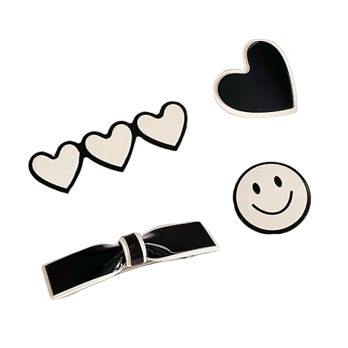 Rugelyss 4 horquillas de amor sonriente blanco y negro con clip lateral simple, pasadores de pelo hechos a mano, horquillas de cocodrilo para