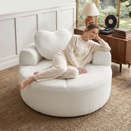 Image of Trustyue Boneless Couch,Comfy Fluffy Sofa Bed,Upholstered Sleeper Sofa with Cup Holder and Throw Pillows,Corduroy Plush Cloud Lounge Chair (Beige, Waffle Polyester)
