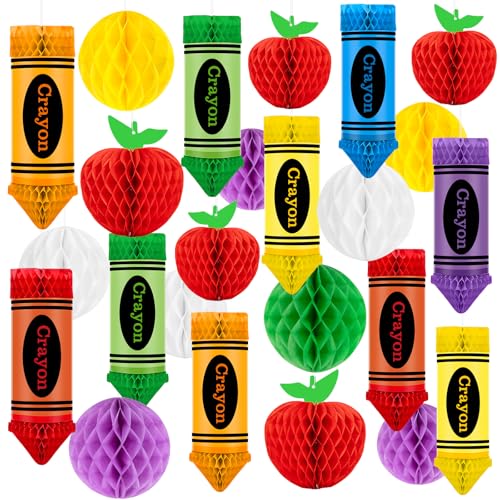 Image of 24Pcs Apple-Shaped Crayon-shaped Hanging Honeycomb Balls Welcome Back to School Classroom Decorations for Teacher Appreciation Week First Day of School Party Supplies Decor