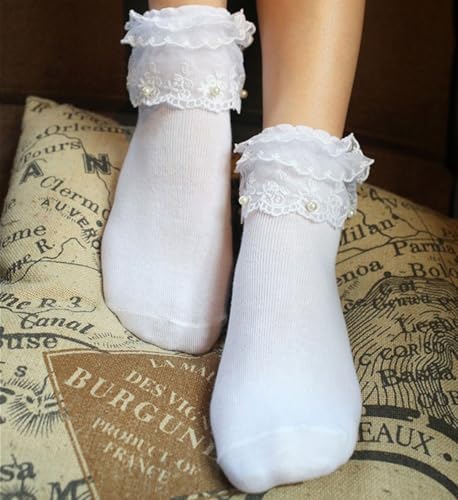 Women Ruffle Socks, Soft Comfortable Lace Frilly Fashion Princess Socks with Pearls 3 Pairs2