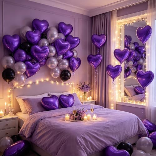 Image of 36 Pcs Purple Heart Balloons,18 Inch Heart Foil Balloons Valentine Balloon for Wedding Engagement Party Valentine Day Decorations