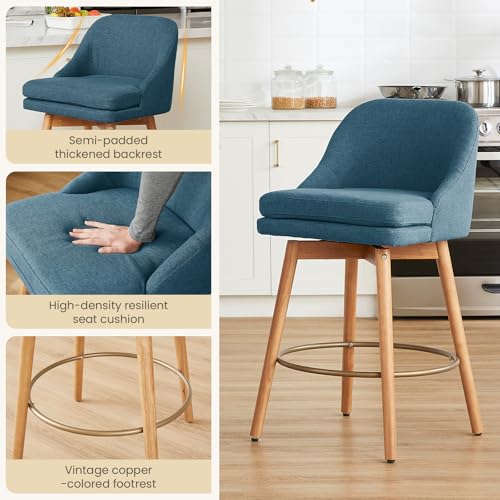 Image of kinmars Modern Bar Stools Set of 2,Swivel Counter Height Bar Stools with Soft Upholstered Back,Thick Seat,Wooden Legs, 27 inch Counter Stools for Kitchen Island (Blue, 2 Pieces - 27 inch Counter Height)
