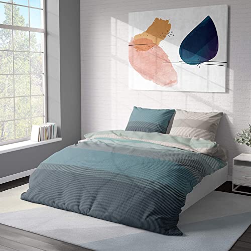 DILIOS Premium Bettwäsche 135x200, 100% Atmungsaktive Angenehme Baumwolle mit Reißverschluss, Renforcé Türkisblau Blau Grau Streifen, 2teilig Bettbezug 135 x 200 cm + Kissenbezug 80 x 80 - Image 3