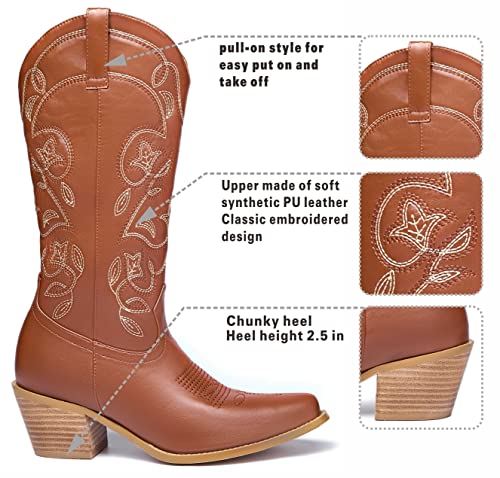 Goserce Women's Western Cowboy Cowgirl Boots Floral Embroidery Pointed Toe Mid Calf Chunky Heel 2.5" Pull-On Fashion Boots Brown，10 #TOP2