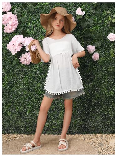 Image of SOLY HUX Girl's Short Sleeve Swimsuit Coverups Fringe Trim Swim Cover Up Beach Dress Beachwear
