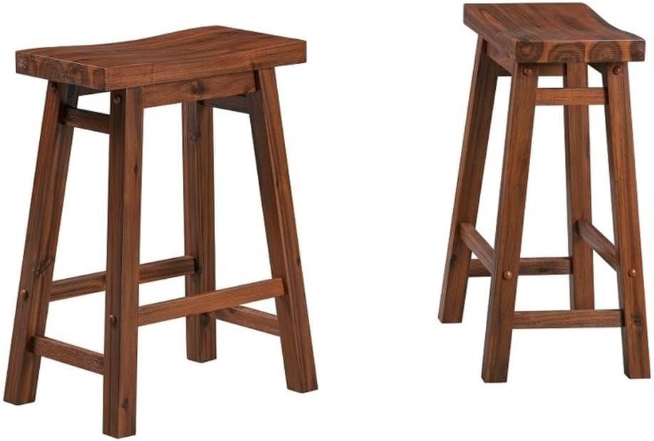 Pemberly Row Saddle Counter Height Stools, Solid Acacia Wood, Chestnut Wire-Brush Finish, 24.5 in Seat Height, Set of 2, Rustic Style, Ergonomic Saddle Seat, Built-In Footrests, Kitchen Island Seating