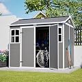 8x6 Feet Resin Outdoor Storage Shed with Flooring & Windows, Plastic Garden Shed, All-Weather Lockable Tool shed for Backyard Lawns, Terraces, Bicycles, Trash Cans Storage