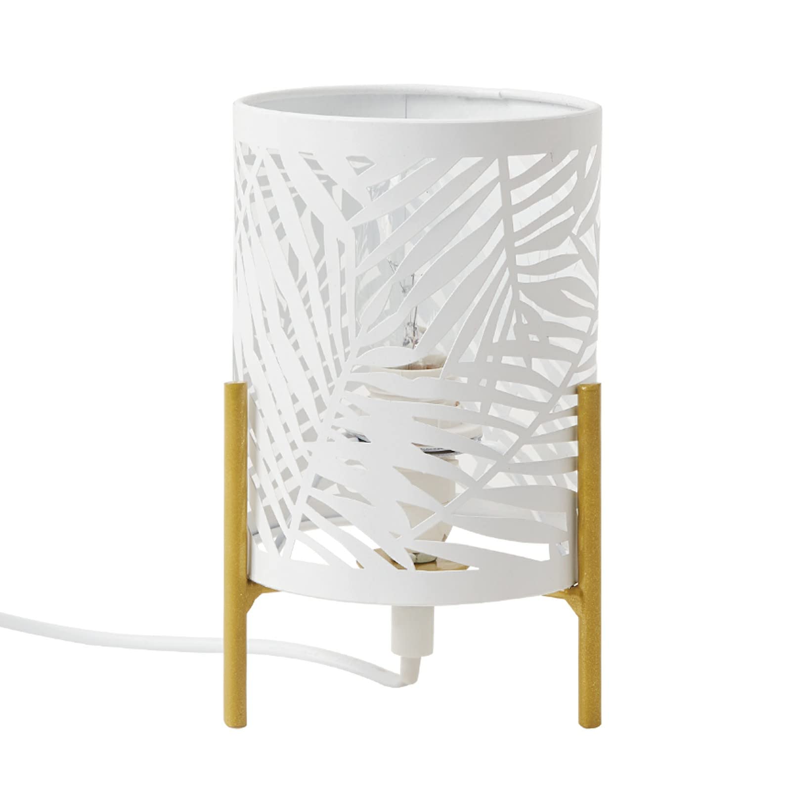 OuXean Lámpara de Mesa Decorativa, Trípode Dorado con Pantalla Hueca de Metal Blanco, Luz de Noche para la Cabecera de la Cama, Habitación de Niños, Sala de Estar, Dormitorio, E14 40W, Sin Bombilla