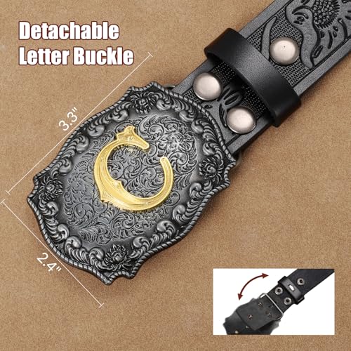 Western Cowboy Leather Belt Men Women, Gold Initial Letters ABCJMZ Buckle Embossed Belt for Jeans