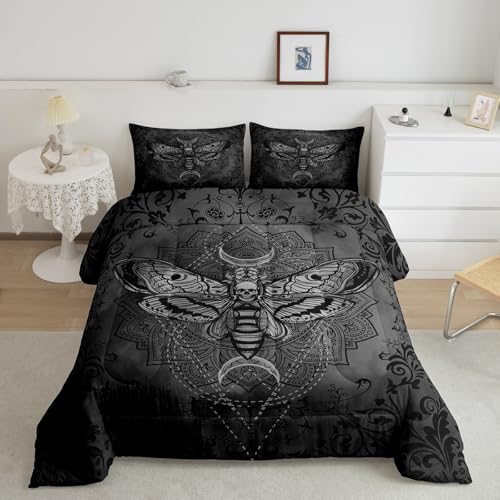 Image of Feelyou Boys Girls Black Moth Damask Bedding Set Toddler Size, Gothic Comforter Set Kids Death Moth Bohemia Boho Duvet Insert Teens Bedroom Decor Microfiber Bed Set