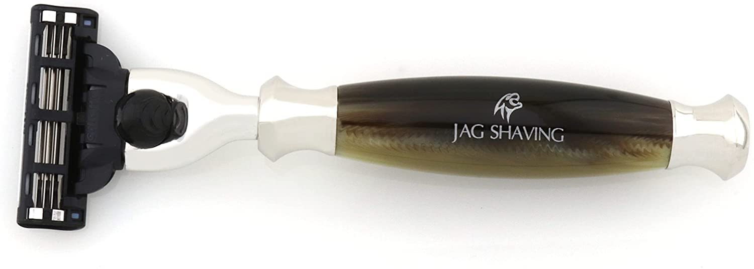 Jag Shaving Jag's Lee Range zestaw do golenia – 3-częściowy zestaw do golenia – syntetyczny pędzel do golenia ze srebrnymi końcówkami – 3 bezpieczne golarki – stojak do golenia – imitacja zielonego