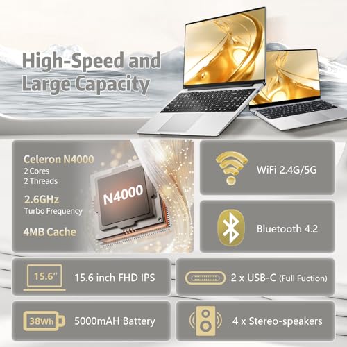 15.6 inch Laptop, Laptops with Celeron N4000, 2025 Gaming Laptop for 8GB LPDDR4 256GB SSD, IPS FHD 1920x1080, WiFi+BT4.2+Mini HDMI+TF Card Slot, Traditional Laptop Computers Convertible 180° Netbook - Image 4