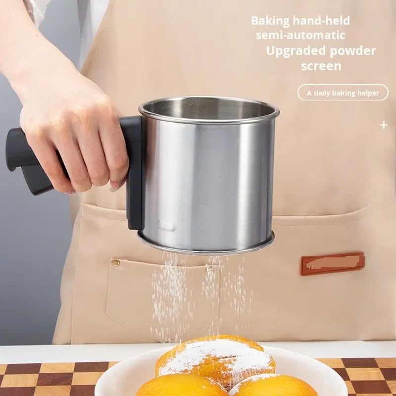 Image of Flour Sifter for Baking 3 Cup, Premium Stainless Steel Fine Mesh Sieve, Hand Press Squeeze Sifter with Comfortable Handle for Flour & Powdered Sugar, Ideal for Cake, Pastry, Bread & Dessert Baking