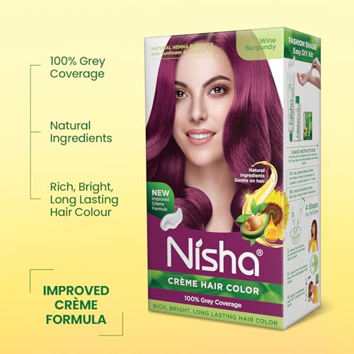 Image of Nisha Creme Hair Color Cream Wine Burgundy, 150g, Long Lasting Hair Dye for Grey Coverage, Rich Color & Natural Shine, For Men & Women, Pack of 1