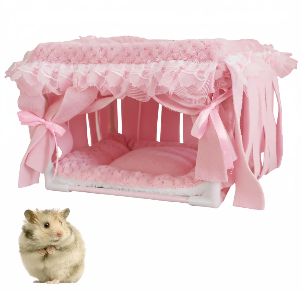 Guinea Pig Hideout,Machine/Hand Washable Hamster Cage Hideaway Bed with Fringe Curtain for Hamsters Dwarf Rabbits Chinchillas Ferrets Hedgehogs