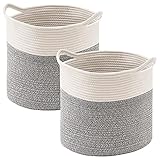 YOUDENOVA Cotton Rope Cube Storage Baskets, 13x13 Round Woven Baskets for Storage with Handles 2 Pack, Modern Decorative Storage Bins Décor Baskets for 13 inch Cube Storage Shelves, Grey&Cream White